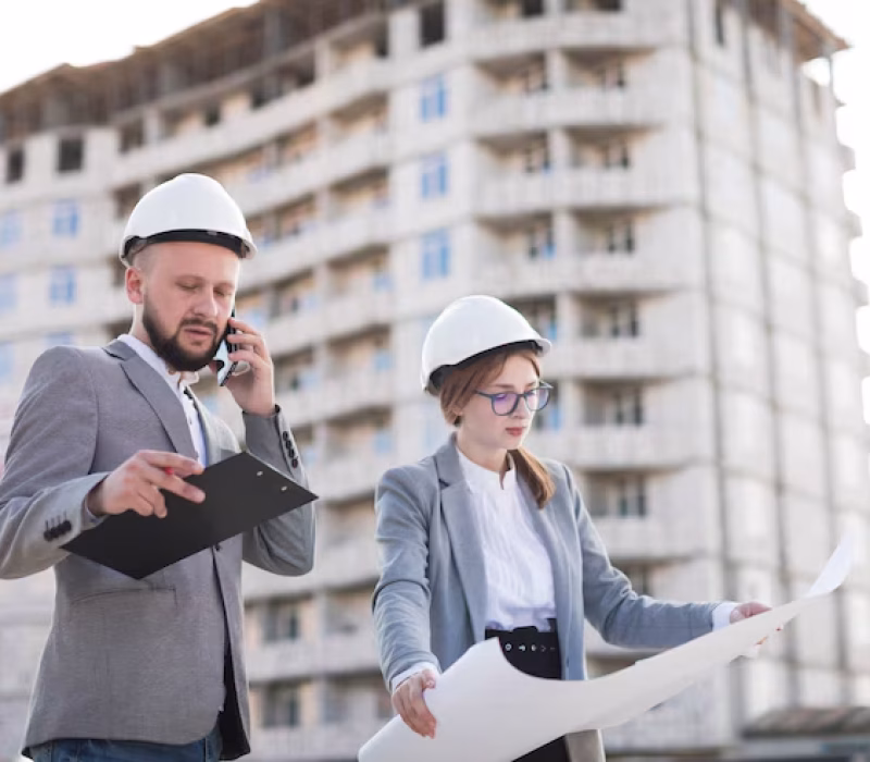 male-architecture-talking-cellphone-standing-near-female-architecture-holding-blueprint-construction-site_23-2148204021